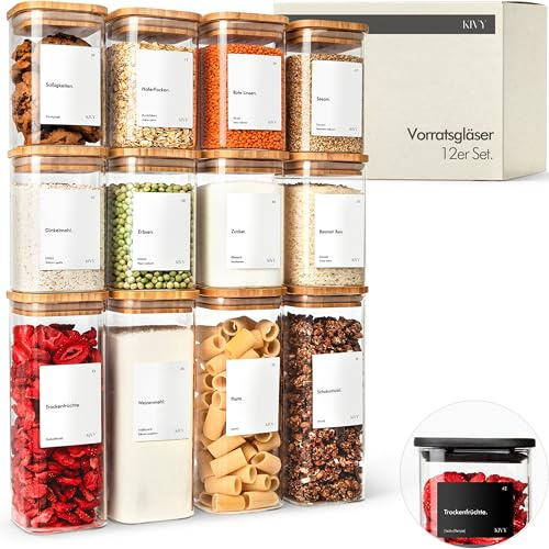 KIVY Lot de 12 bocaux de conservation rectangulaires + étiquettes – Bocaux de conservation empilables et hermétiques avec couvercle – Bocaux de conservation en verre hermétiques – Bocaux de rangement