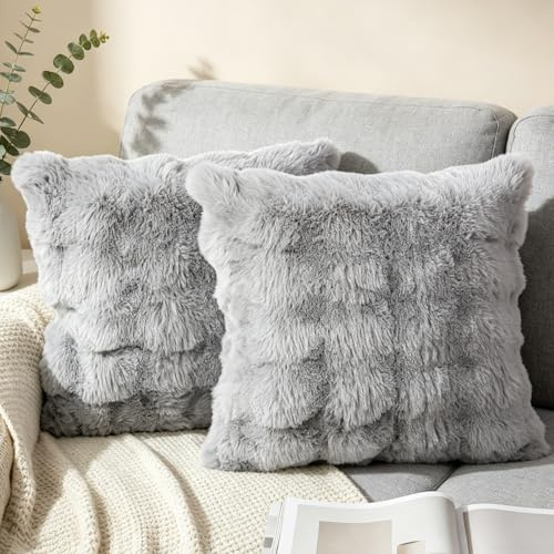 NIULAA 2er Set Deko Kissenbezug 45x45 Grau Weich Kunstpelz | Kissenbezüge Flauschig Luxus Plüschkissen Quadratisch Kissenhülle Pelz Dekokissen Sofakissen Aesthetic Kuschelig Kissen
