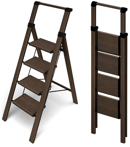 HillhutApex 4 Step Foldable Aluminum Step Ladder with Handgrip, Anti-Slip Pedal, 330lbs Capacity, Lightweight & Portable for Home, Kitchen, Office, Garage (Walnut)
