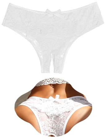 ohmydear Women Lace French Knickers Plus Size Sexy Panties Cheeky Underwear | Hollow Out Bikini Briefs, Floral Lace Thongs, Low Rise Underpants, Stretchy Waistband Fit UK 10-22, Frilly Ruffled Lingerie