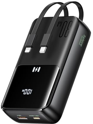 Batterie Externe, 20000mAh 30W Power Bank Charge Rapide, Chargeur Portable USB C Powerbank Grande Capacité avec Câble Intégré, 4 Sorties pour iPhone 17 16 15 14 13, Galaxy, Macbook, Voyage Accessoires