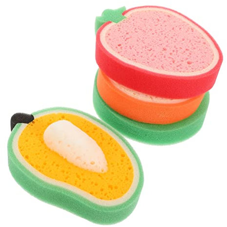 ABOOFAN Fruit Shaped Household Scrub Sponges Thick Kitchen Dish Sponges Powerful Stain Removal 4pcs Set for Kitchen Cleaning Mango Kiwi Strawberry Melon
