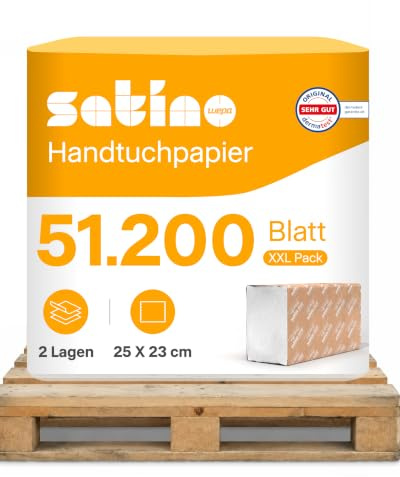 Satino – 51.200 Papierhandtücher – 2 lagig – 25 x 23 cm (gefaltet: 25 x 11,5 cm) – ZZ-Falz/V-Falz - saugstark & fusselfrei - Handtuchpapier aus Recyclingpapier - Papiertücher für PT3 & H3 – Papier