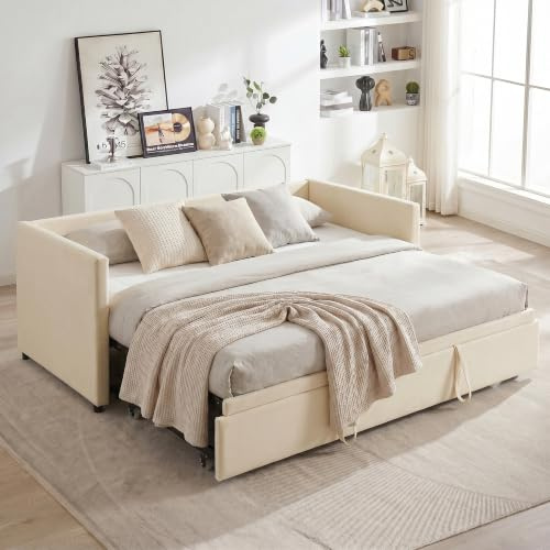 Stoppad säng Bäddsoffa med gästsäng 90/180 x 200 cm, utdragbar säng, för 2 personer, dagsäng, samma höjd utdragbar säng, bäddsoffa med ribbotten och ryggstöd, multifunktionell säng, sammet (beige A)