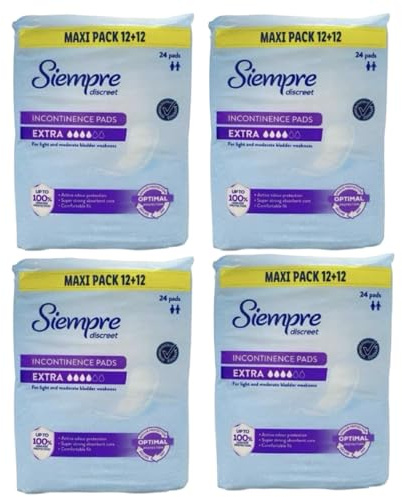 Lunexa Bundle – (4 Pack) Siempre Discreet Incontinence Pads Extra | 96 Pads Total | Maxi Pack 12+12 | for Light & Moderate Bladder Weakness | Odour Control & Comfort