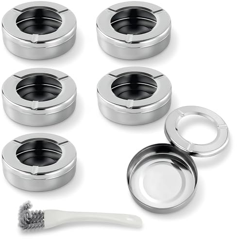 6 Pezzi Posacenere in Acciaio Inox, Posacenere da Esterno con Coperchio Rimovibile, Tavolo Rotondo, per Giardino, Balcone, Bar e Ristorante, con 1 Spazzola di Pulizia in Nylon
