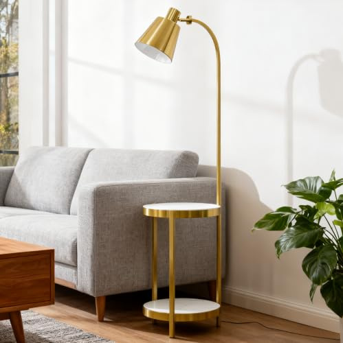 Vrygle Stehleuchte U-förmige Stehlampe Gold 155cm: Standlampe mit Fußschalter und LED Lampe, 2 ablagen, Verstellbarem Schirm für Wohnzimmer, Schlafzimmer, Büro