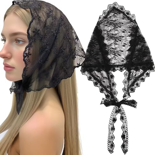 Myhiju Spitze Dreieck Bandana Damen Stickerei Pfingstrose Blume Kopftuch Vintage Ästhetik Schwarz Triangle Cover Up Skirt Strandrock Gestapelt für Haarstyling Tasche Taillengürtel Hals Zubehör Dekor