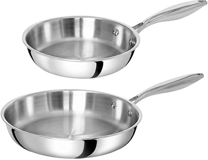 TeCuisine – Lot de 2 Poêles Inox 18/10 Triply – 20 cm – 26 cm – Sans Revêtement – Sans PFAS, PFOA, PTFE – Compatible Tous Feux Dont Induction – Manche Riveté Froid – Cuisson Saine et Durable