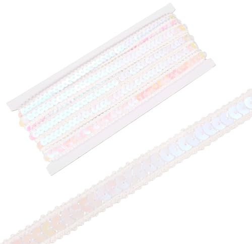 QUARKZMAN Paillettenband Paillettenborte Flaches Glitzerband Nähen | 0.5 Zoll x 10 Yards, Irisierend Weiß, Für Bastelarbeiten Verzierungen Kostümhüte Kleider Schuhe Stirnbänder
