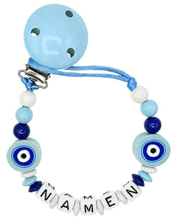 Nuckelkette mit ihren Wunschnamen  NAZAR TÜRKISCHE AUGE  in verschiedenen Farben/Unisex/Personalisiert (Babyblau Weiß)