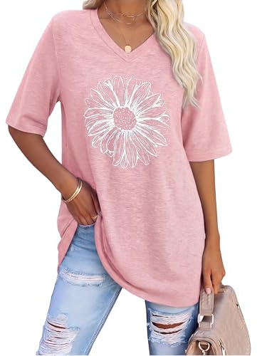 Litherday T Shirt Femme Oversize Col V Manches Courtes Casual Fluide Basic Tops Ete Grande Taille Imprime Marguerite Haut Decontracte Tee Shirt Blouse