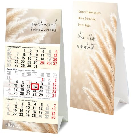 TOBJA® 3 Monatskalender 2027 Tischkalender Pampas mit Datumsschieber | Tischaufsteller 18,5x9,8 cm - Abreißkalender mit Kalenderwochen & Feiertagen, FSC-Papier | Boho Pampas Design in Beige