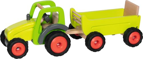 goki 55886 Traktor mit Anhänger aus massivem Buchenholz, Maße 45 x 16,5 x 16,5 cm – lenkbar, Gummibereifung, Robustes Holz-Spielzeug