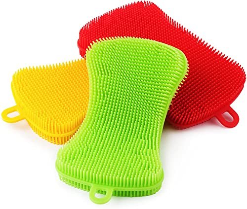 Dish Washing Brushes, 3 Pcs Kitchen Silicone Sponges Scrubber Multi-functional Cleaning Scouring Brushes for Washing Vegetable Fruits Bowl Dish Pot Pan