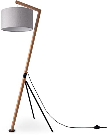 Paco Home Stehlampe Wohnzimmer Holz Standleuchte Leselampe Deko Stehleuchte Büro E27 Fassung Vintage Stoff Lampenschirm Modern Stativ Bogenlampe
