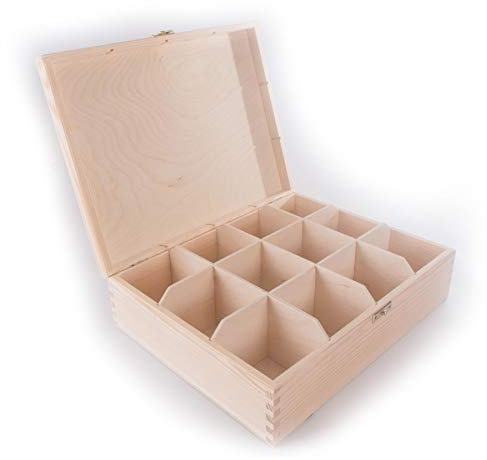 Wooden Box with 12 Sections & Clasp | 28.5 x 22.5 x 8 cm | Accessories Storage Case Tea Bag Sewing Jewellery Caddy Organiser Divided Compartments | Natural Unpainted & Untreated Decorative Wood