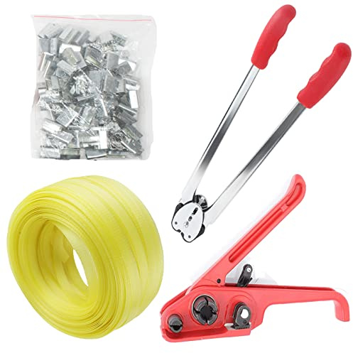Kit di reggiatura per nastri per pallet, tenditore per reggiatura, strumento sigillante con guarnizioni e cinghia, kit di reggiatura per cinghie in poliestere e polipropilene di larghezza 12-19 mm