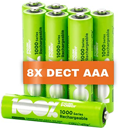 PeakPower Akku AAA für Telefon, 8 Stück AAA Batterien wiederaufladbar, ideal für schnurlose Telefone, ohne Memory-Effekt, 1,2 Volt (1,2V), geringe Selbstentladung, Ready-to-Use (8X AAA Akku Telefon)