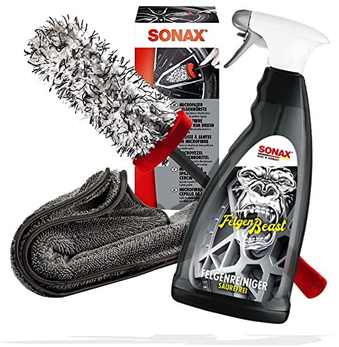 Felgen Reinigungs Set mit Sonax Mikrofaser Felgenbürste lang + Felgenbeast Felgenreiniger 1 Liter + detailmate Trockentuch 40x40cm - ideal für Alufelgen