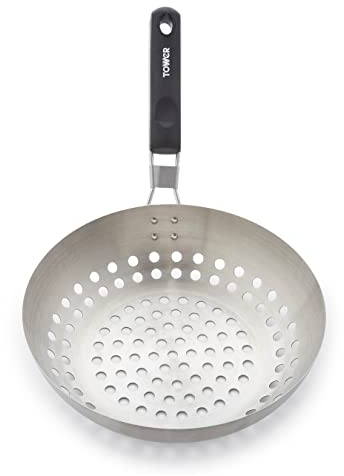 Tower BBQ 28cm Grill Wok with Folding Heat Resistant Handle, Stainless Steel