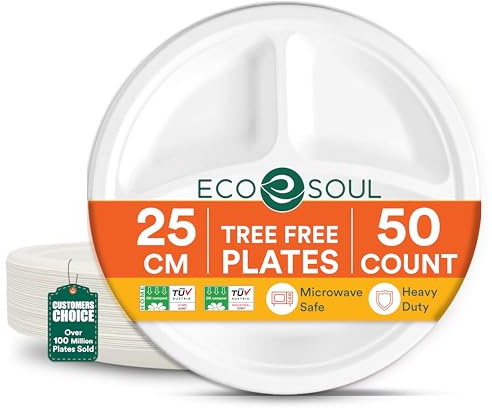 ECO SOUL Pappteller(25 cm) 10 Einwegteller, Weiß(50-Stück) | Nachhaltige Alternative, 100% kompostierbar, Extra stabildeal für den täglichen Gebrauch, Premium Qualität, 50er Pack