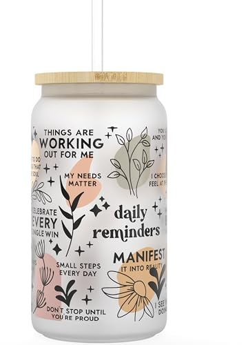 Daily Affirmation Iced Coffee Cup [Frosted], 16 oz Glass Cups with Bamboo Lids and Straws |Mason Jar Drinking Glasses & Glass Tumbler with Straw and Lid | Boba Cup, Beer Can Glass for Mental Health