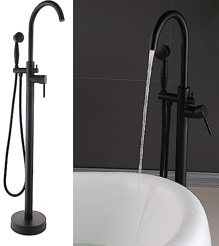 Freistehende Wannenbatterie, Brausegarnitur (Schwarz), Wannenarmatur mit Eingebautem Sprudler, Brausegarnitur mit Regenbrause, Vertikale Handbrause, Manuell Einstellbare Wassertemperatur und Menge