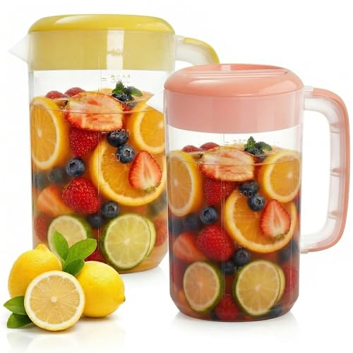 Jucoan 2 Pack 1 Gallon Plastic Straining Pitcher, Large Drink Pitcher Water Carafe Jug Clear Ice Tea Maker Beverage Pitcher with Strainer Cover, Handles, Measurements (Pink + Yellow)
