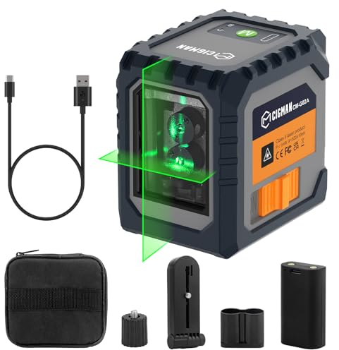 CIGMAN Tipo C Nivel láser verde GA02A, láser de línea cruzada autonivelante, distancia de trabajo de 30m, batería recargable incorporada, líneas láser horizontales/verticales conmutables