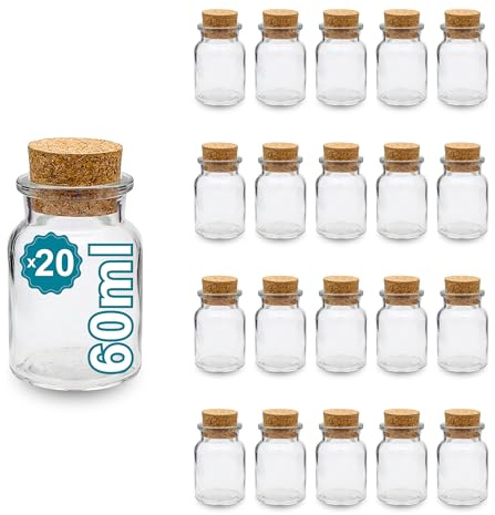 Espirito Rebelde 20 Mini Bouteilles en Verre avec Bouchon en Liège 60 ml | Cadeaux Personnalisés : Mariage, Baptêmes, Communions | Décoration, Rangement Épices