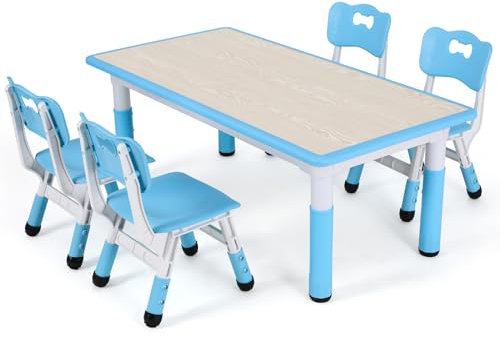 MAMIZO Kindertisch mit 4 Stühlen, Kindertischgruppe Höhenverstellbar, Tisch Stuhl Set für Kindergarten und Kinderzimmer, Plastik Kindermöbel, Sitzgruppe für Jungen Mädchen ab 2 Jahre, Blau