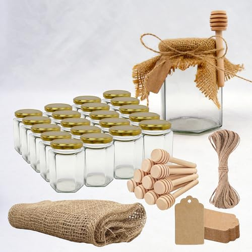20x Pot de Miel Hexagonal avec Couvercle 270ml + 20x Cuillère de Miel + 20x Bande de Tissu de Jute + 20x Étiquette en Carton Kraft + Ficelle de Jute - Conservation de Miel fait Maison
