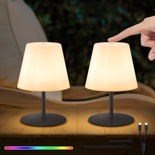 NiceBuy LED Tischlampe Akku 2er Set Touch Dimmbar Warmweiß/RGB USB-C Aufladbar Tischleuchte kabellos Mini Klein IP44 für Wohnzimmer Balkon Patio Terrasse​ (Schwarz)