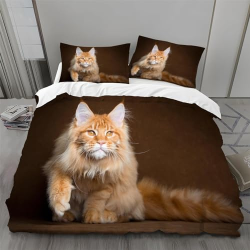 Bettwäsche 135x200 Maine-Coon-Katze Muster Weich Bequem Atmungsaktiv Hypoallergen 3D Sommerbettwäsche Bettwäsche Set + 1 Kissenbezug 80x80 cm,Geeignet für Jungen Mädchen Kinder