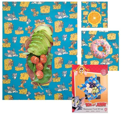 Tom&Jerry Set of 3 Beeswax Wraps for Food Storage, Reusable Environmentally Friendly Film for Fresh Food, BPA-Free