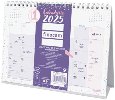 Finocam - Calendario Chic de Sobremesa para Escribir 2025 Mes Vista Enero 2025 - Diciembre 2025 (12 meses) Chic Morado Español