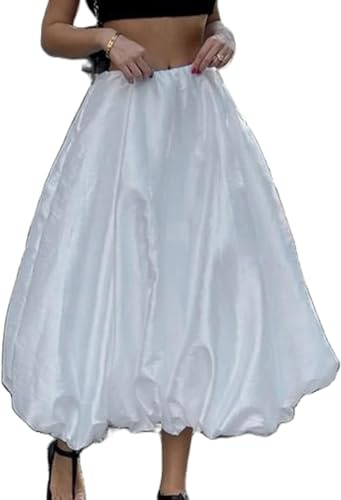 CheJooe Falda de burbujas Y2K para mujer, cintura alta elástica, falda larga acampanada, falda larga con volantes, falda larga plisada, linda falda de globo de verano, B-blanco, M