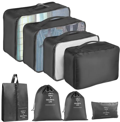 MOFELON Koffer Organizer - 8 Stück, Packing Cubes, Packwürfel für Rucksack, Travel Organizer Packtaschen Set mit Kleidertaschen Schuhbeutel Wäschebeute Kosmetiktasche, Reise Gadgets-Schwarz