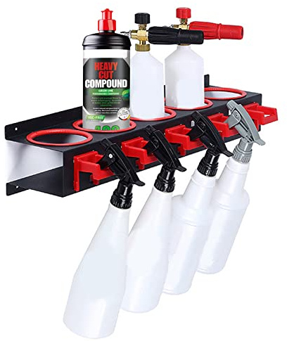 Heavy-Duty Wall Mount Spray Bottle Holder, 5-Hook Adjustable Hanging Rail | Metal Organizer for Car Detailing Shop & Garage, Holds Polish & Cleaner Bottles, Space-Saving Storage for Auto Accessories