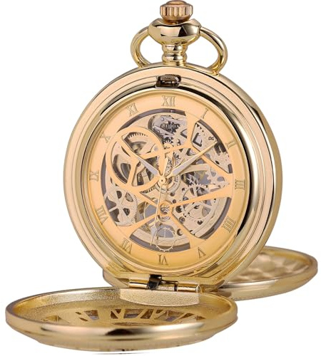 ManChDa Fickur – fickur kedja dubbelt skydd mekaniska fickur för män steampunk skelett antika romerska siffror klocka uppfällbart + presentask, I-c. Guld, industriell stil