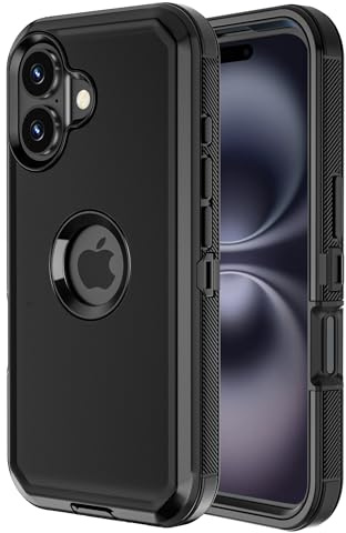 Jiunai for iPhone 16 Case Heavy Duty Shockproof Drop Protection Dustproof Screenless Dual Layer Rugged Tough Phone Cover for iPhone 16 6.1'' Men Women - Black | Port Protection Dustproof Screenless Dual Layer Bumper Protective Cover Rugged Phone Case for iPhone 16 6.1'' Men Women Teen