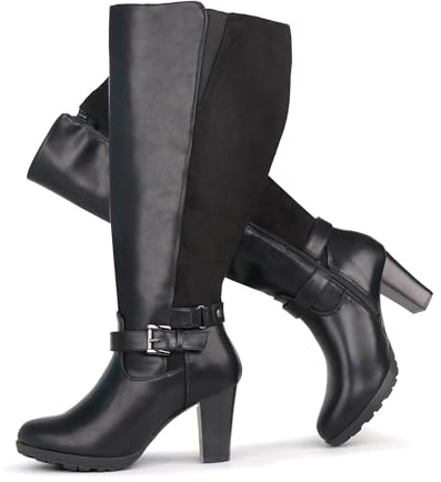 Chicblooms Botines de mujer de talla grande, con talle ancho, tacón alto, con hebilla en el tobillo, Piel negra., 42 EU