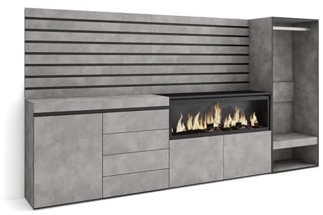 Skraut Home | Sideboard, Kommode | Aufbewahrungsschrank | 274x145x35 cm | Für Schlafzimmer, Zimmer | Elektrokamin XXL | Kommode mit Schubladen | Offener Kleiderschrank | Moderner Stil | Zement