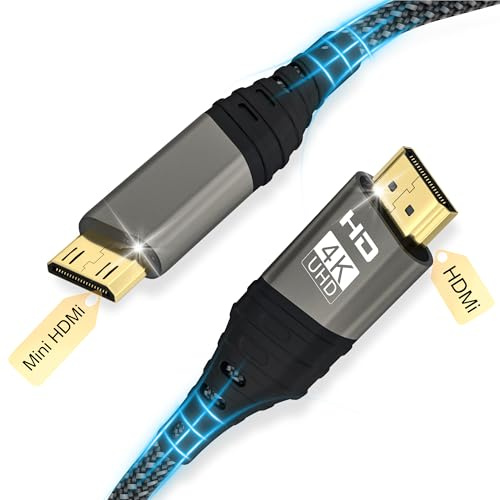Mini HDMI till HDMI-Kabel 2m - 4K @ 60Hz 1080P med Nylonfläta, Stöder Ethernet, UHD, 3D, HDR, ARC - Kompatibel med Nikon D7100, Canon EOS RP/R, Raspberry Pi Zero/Zero W