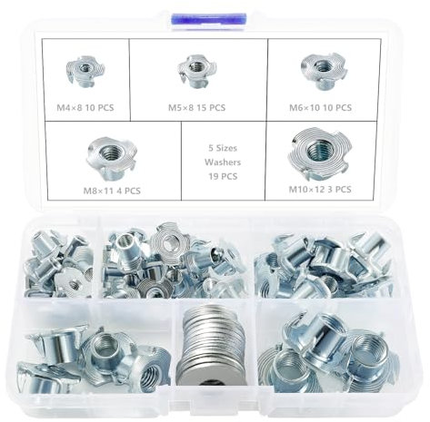 Lyeteung 42 Pezzi M4/M5/M6/M8/M10 T Dado Filettato Kit, Dadi a T a 4 Punte, Dado a T a Punta, con 19 Pezzi Rondelle, per Legno, Armadi, Mobili