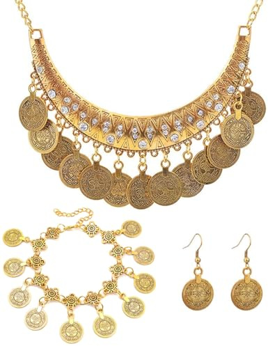 JEXOWIQ Kostüm Damen Schmuck,Bauchtanz chmuckset,Ohrringe und Kette set, Vergoldetes Bauchtanz-Schmuckset für Frauen, Böhmen Goldmünze Schmuck Kleine Münzen, Für Mottoparty, Karneval