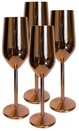Laurie's Pub and Bar Accessories Set of 4 Stainless Steel Brushed Rose Gold/Copper Champagne Glasses | 220ml | Unbreakable Champagne Flutes