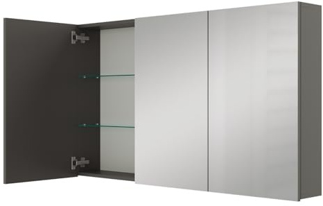 Planetmöbel ARIA Spiegelschrank Bad 120 cm breit | Badschrank hängend mit Spiegel | Anthrazit, ohne Leuchte und Steckdose, Spiegelschrank Gäste WC 120 x 70 x 16 cm