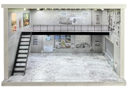 F Fityle Vitrine de Garage à échelle 1/64 1/36 1/32, arrière-plan anti-poussière, modèle de voiture, Parking, Double couche pour aménagement de Diorama de, Escalier Gauche, Gris